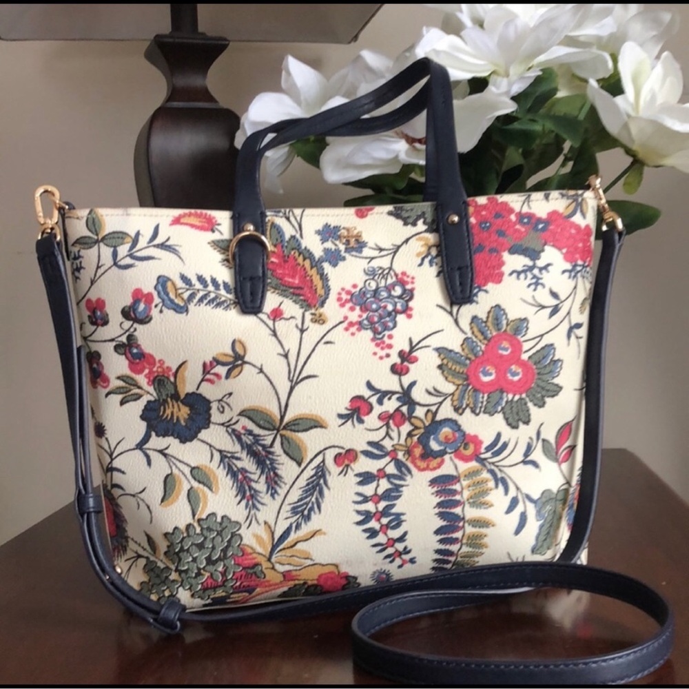 Tory Burch Floral Tote with Navy Trim